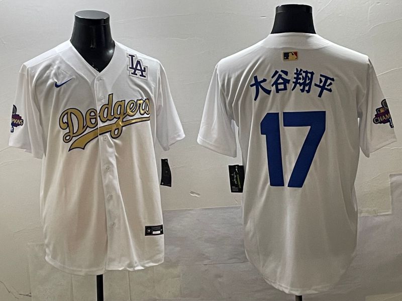 Men Los Angeles Dodgers #17 Ohtani White Champion gold character 2025 Nike MLB Jersey style 3315->los angeles dodgers->MLB Jersey